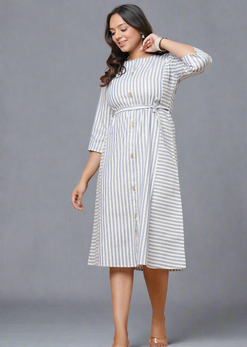 BLUE COTTON YARN DYED MATERNITY FEEDING DRESS