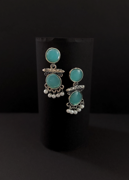 OXIDISED TEAL STONE SILVER EARRINGS