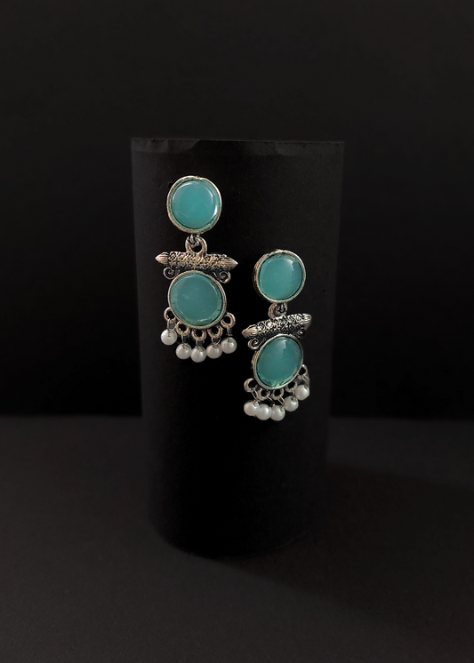 OXIDISED TEAL STONE SILVER EARRINGS