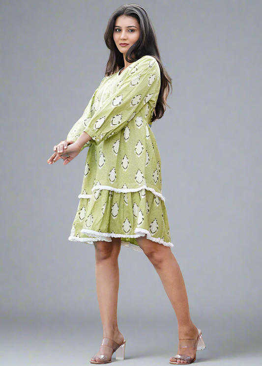 CHIKANKARI PASLEY PRINT DATE DRESS