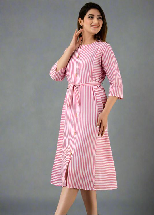 PINK COTTON YARN DYED MATERNITY FEEDING DRESS