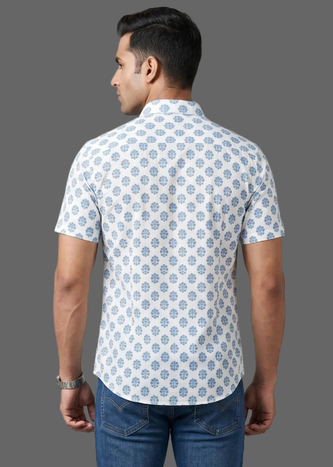 Back view of Jaipuri printed cotton half sleeve shirt