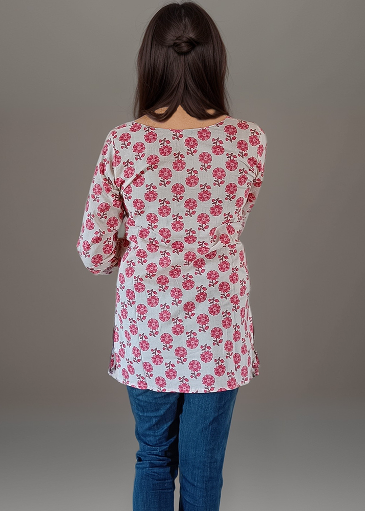 JAIPURI PINK FLORAL COTTON TUNIC KURTI TOP