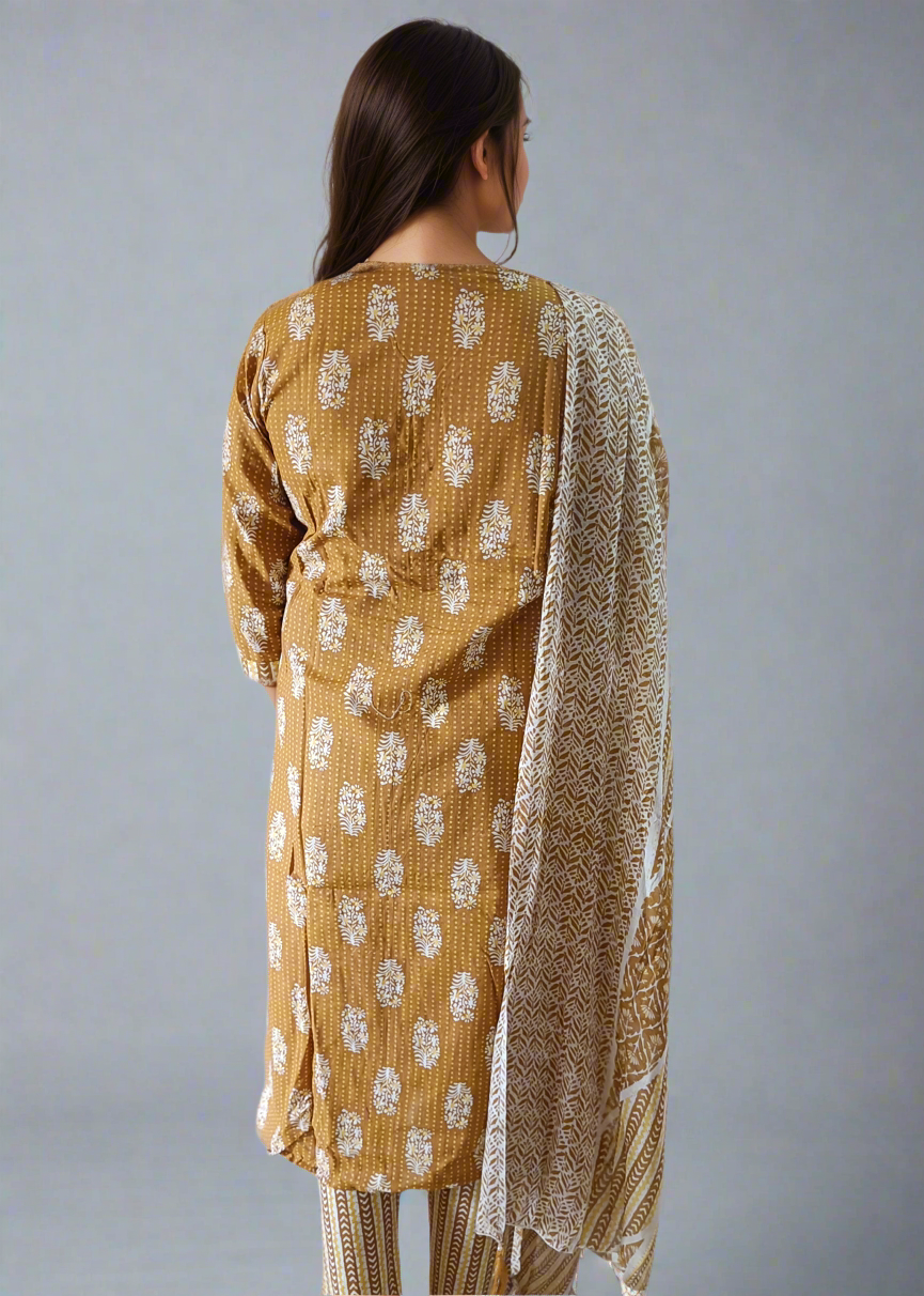 Woman wearing a mustard yellow patterned outfit with a matching dupatta on a plain background