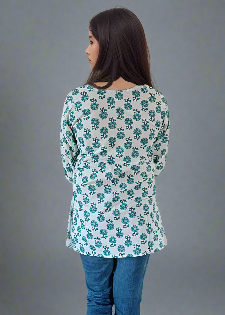 JAIPURI GREEN FLORAL COTTON TUNIC KURTI TOP
