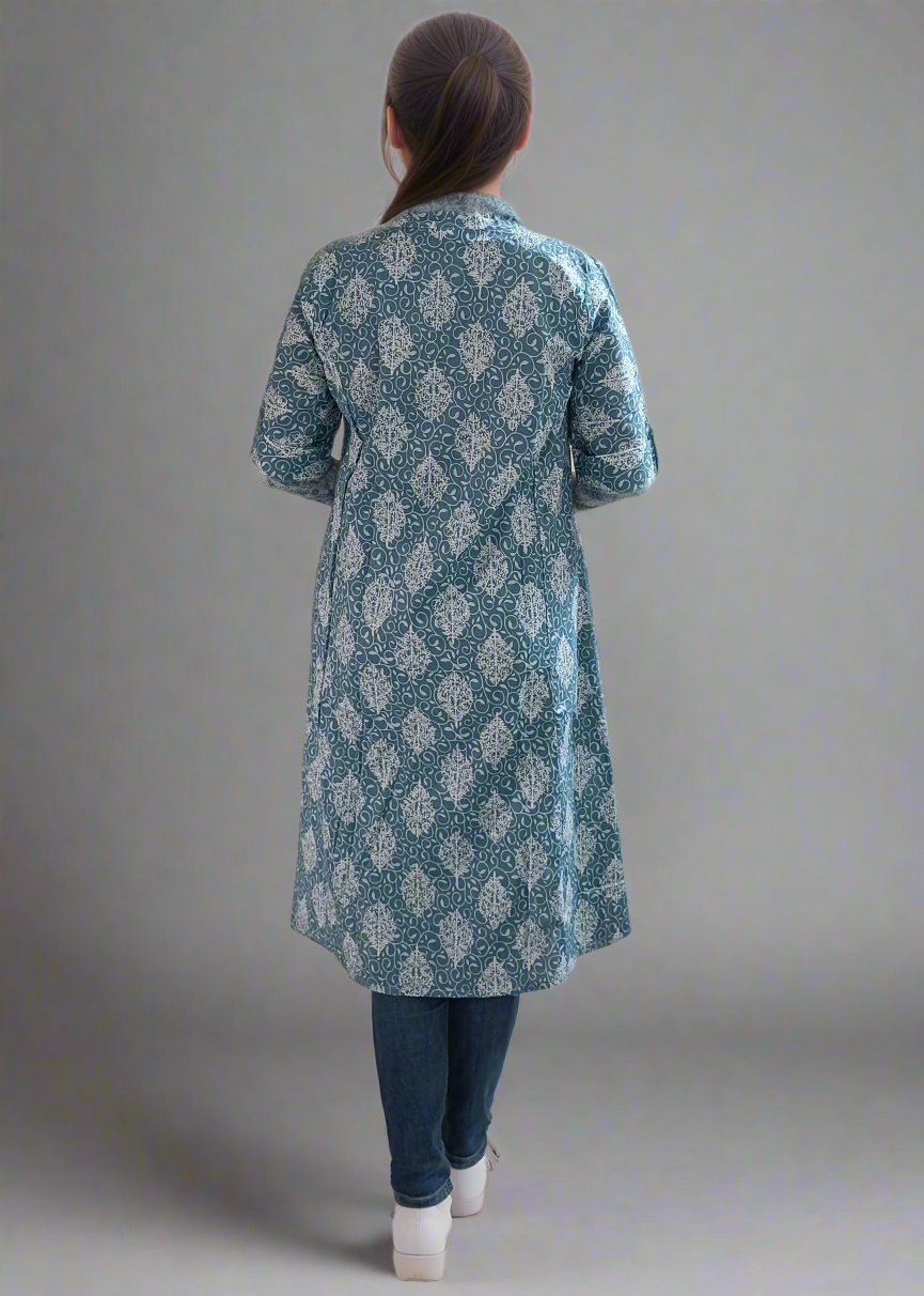 BLUE ETHNIC A-LINE COTTON KURTI
