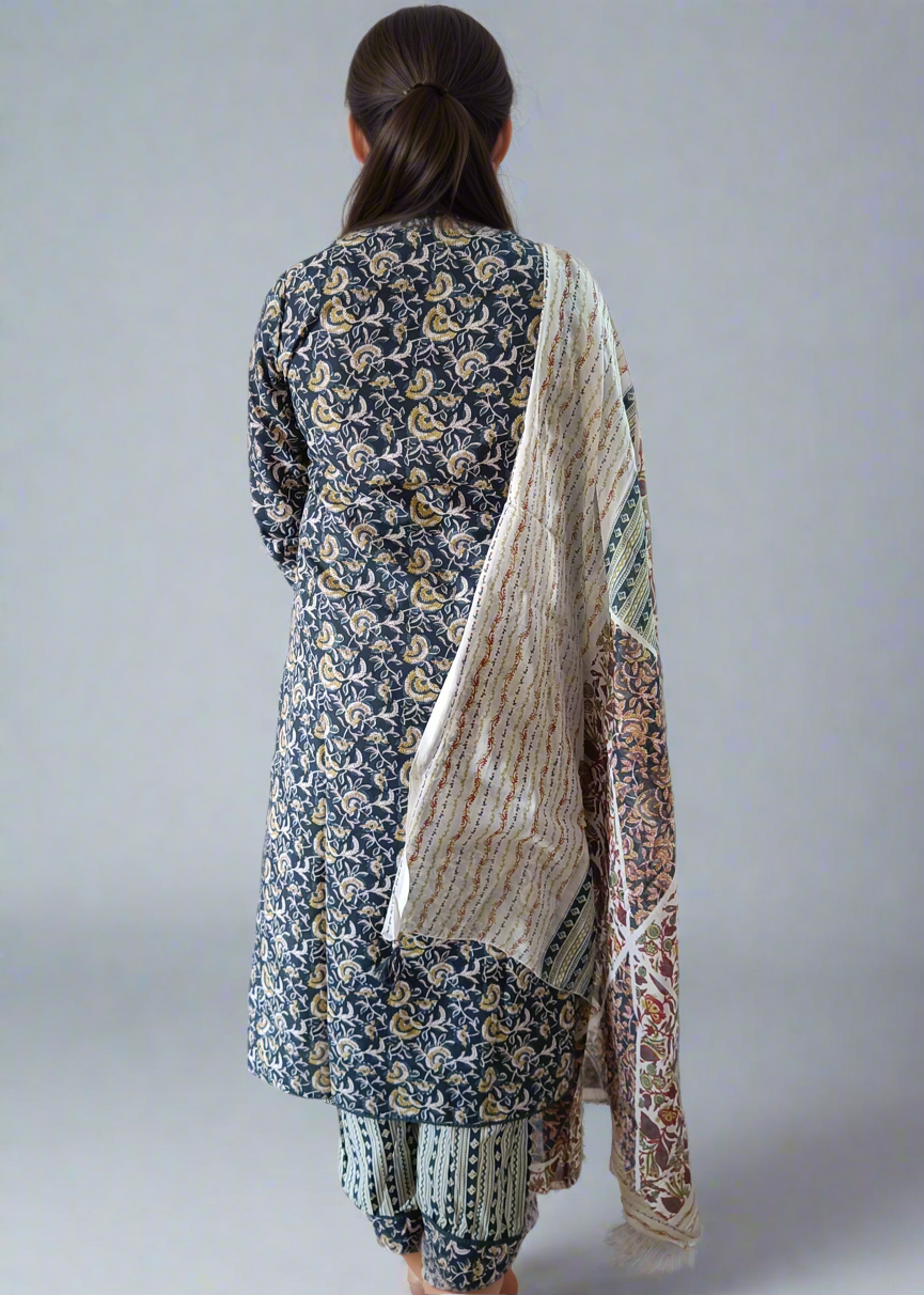 Woman wearing a blue floral kurta with a matching dupatta on a plain background