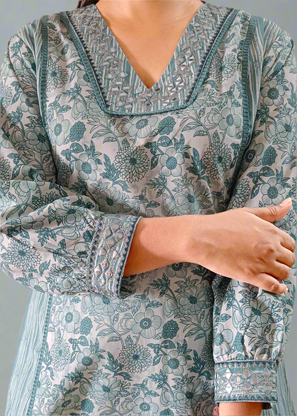 Teal and gray floral patterned outfit with a close-up of the fabric texture.