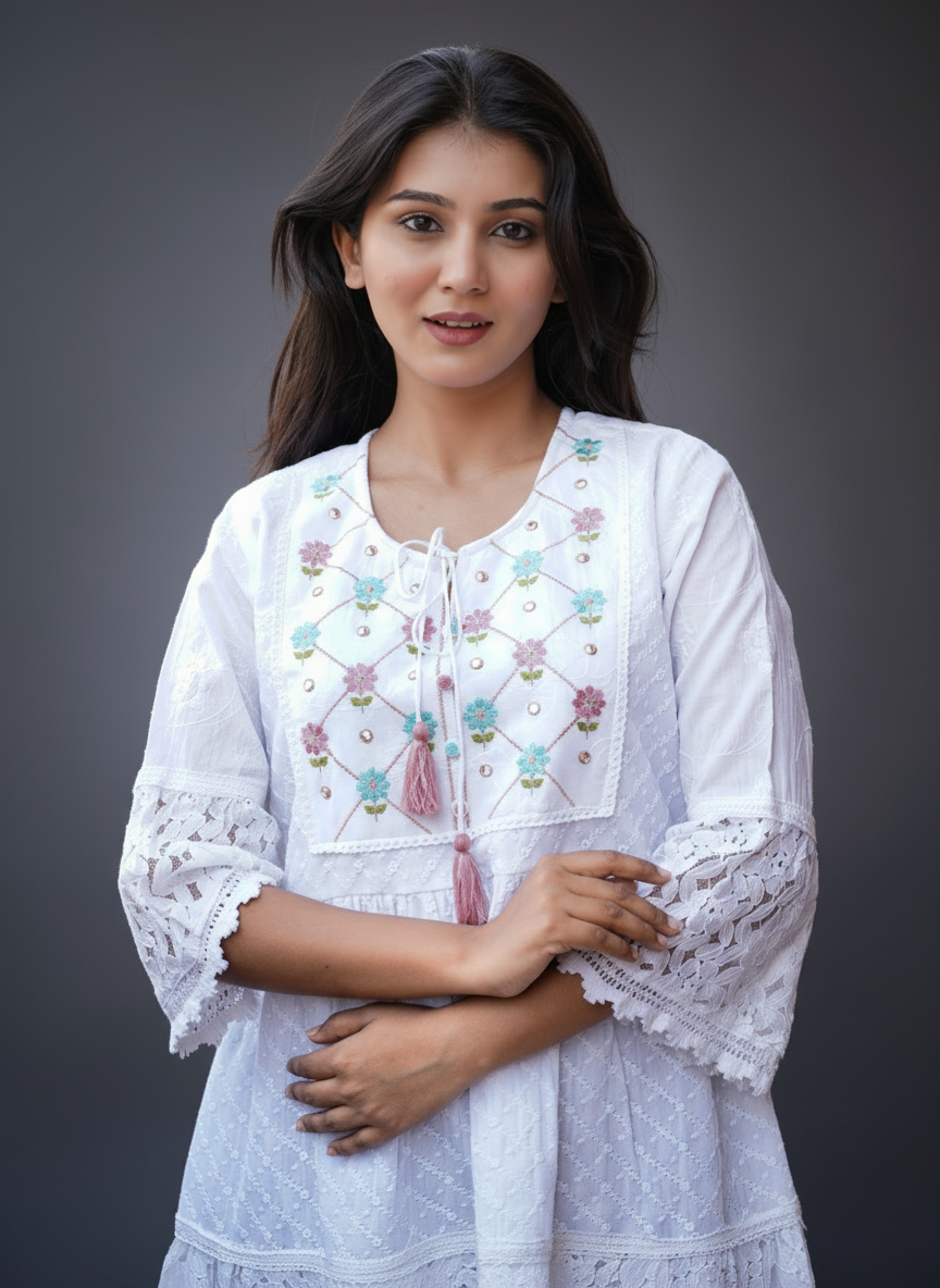 Woman wearing a white embroidered dress with floral patterns in an embroidered yoke and lace flare sleeve