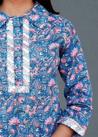 BLUE AFGHANI SHIRT COLLAR COTTON KURTA SET