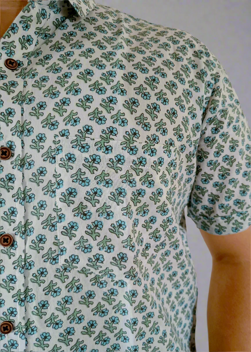 BREEZY BLUE FLORAL MEN’S COTTON SHIRT