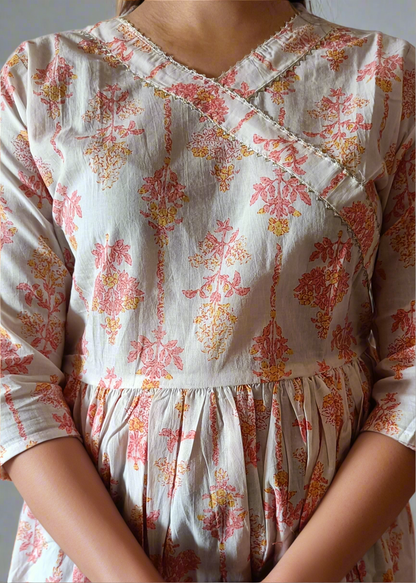 Floral patterned dress with long sleeves on a neutral background