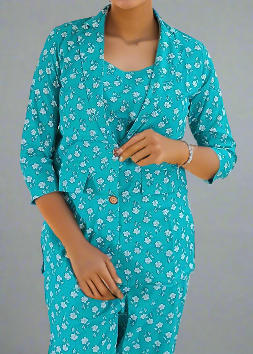 Teal floral pajama set worn by a person on a gray background