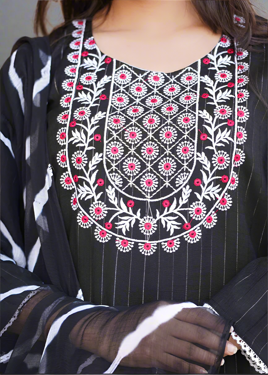 BLACK EMBROIDERED KURTA SET WITH LEHRIYA DUPATTA