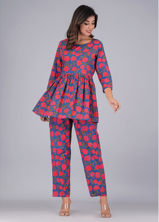CHARMING PEPLUM HAND BLOCK COTTON CO-ORD SET