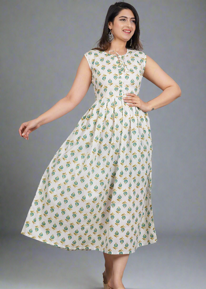 Woman wearing a floral dress against a gray background