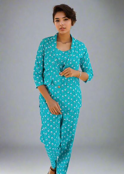 Woman wearing a teal pajama set with white floral pattern on a plain background