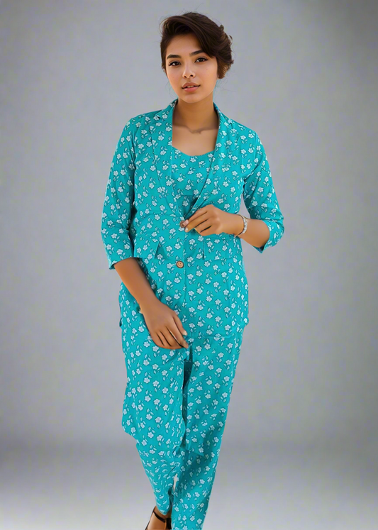 Woman wearing a teal pajama set with white floral pattern on a plain background