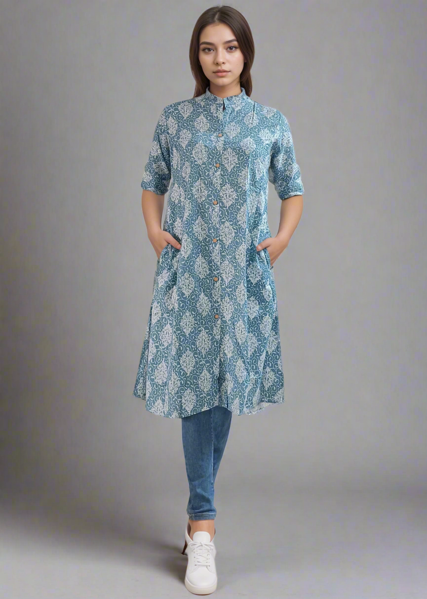 BLUE ETHNIC A-LINE COTTON KURTI