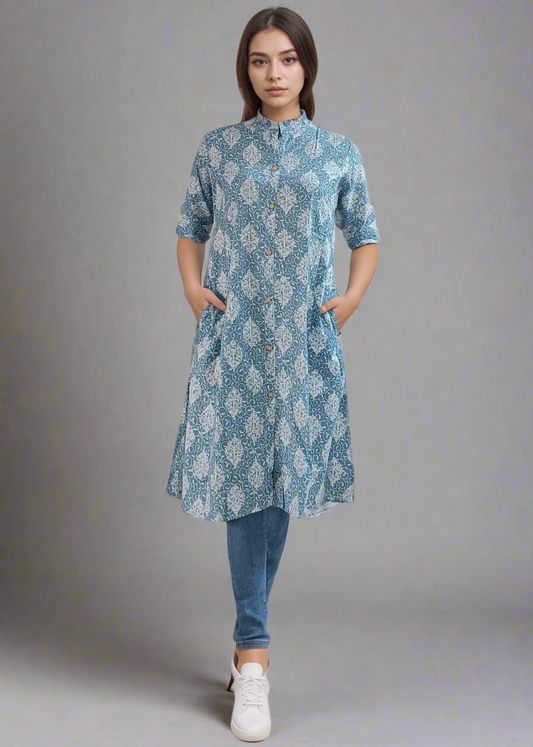 BLUE ETHNIC A-LINE COTTON KURTI