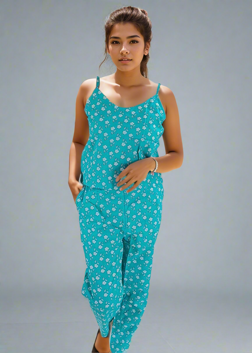 Woman wearing a teal floral co-ord set against a gray background