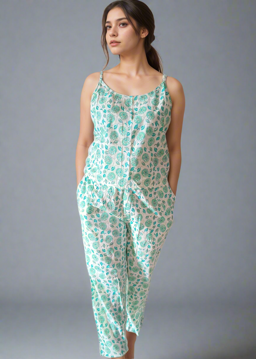 Woman wearing a floral co-ord set against a plain background