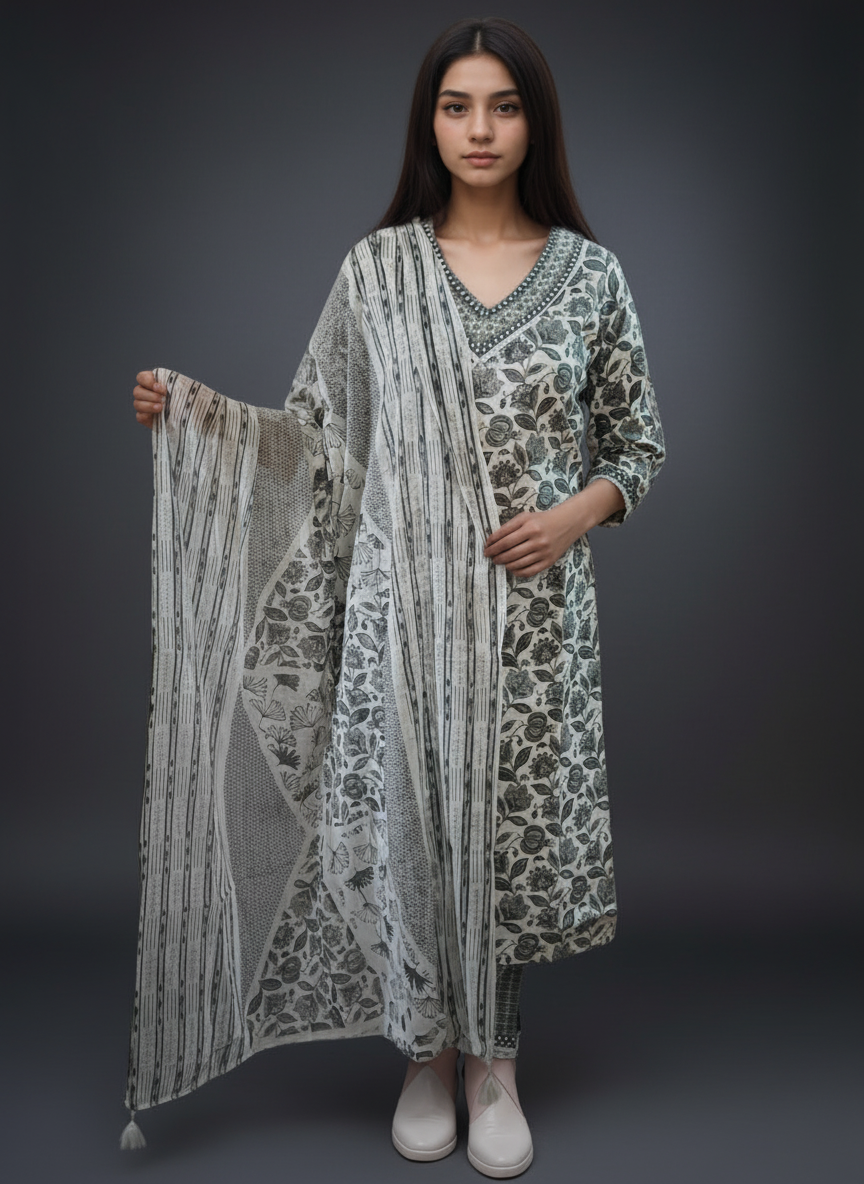 Woman wearing a long, patterned suit set holding a matching dupatta on a plain background