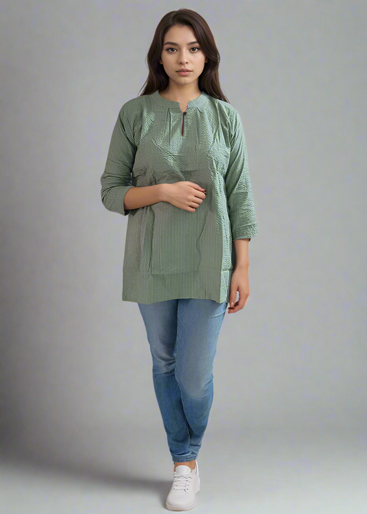 GREEN KANTHA EMBROIDERED COTTON TUNIC KURTI TOP