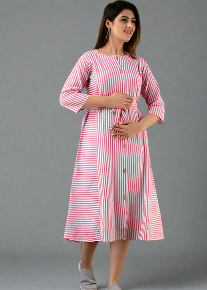 PINK COTTON YARN DYED MATERNITY FEEDING DRESS