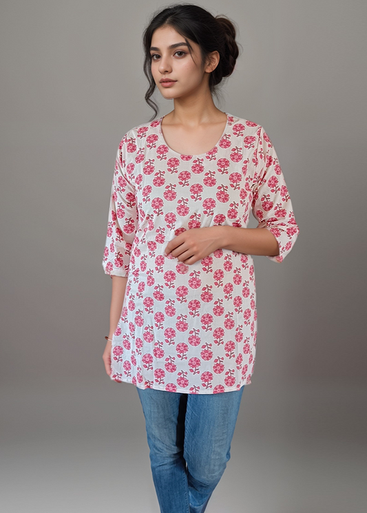 JAIPURI PINK FLORAL COTTON TUNIC KURTI TOP