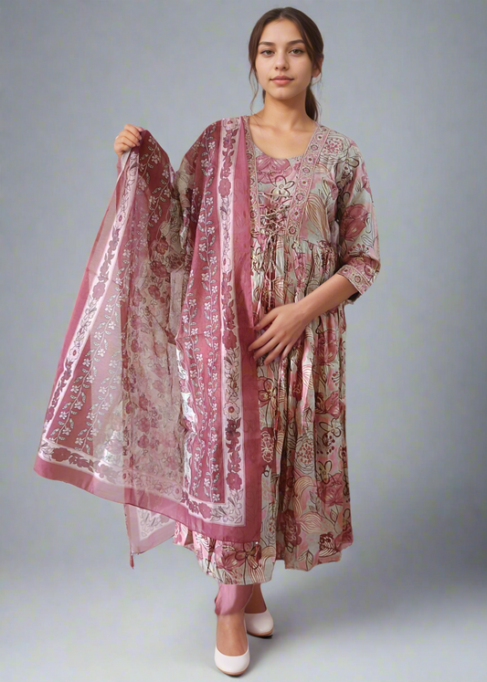 Woman wearing a floral dress with a matching dupatta on a plain background