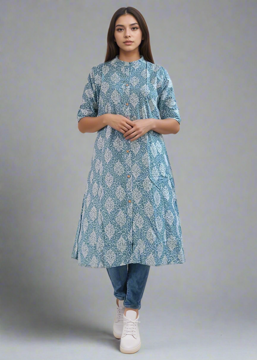 BLUE ETHNIC A-LINE COTTON KURTI
