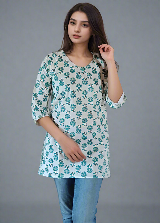 JAIPURI GREEN FLORAL COTTON TUNIC KURTI TOP