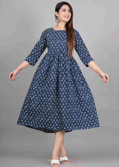 INDIGO BLUE ETHNIC BLOCK PRINT COTTON MATERNITY NURSING DRESS