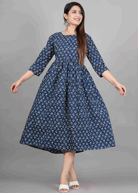 INDIGO BLUE ETHNIC BLOCK PRINT COTTON MATERNITY NURSING DRESS
