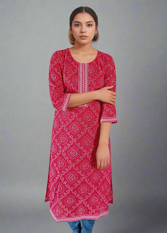RED BANDHANI COTTON KURTI
