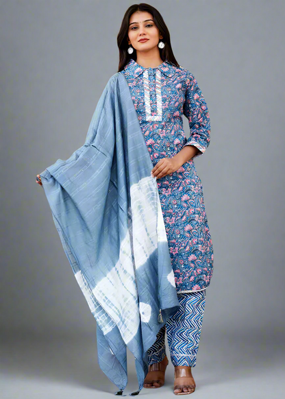 BLUE AFGHANI SHIRT COLLAR COTTON KURTA SET