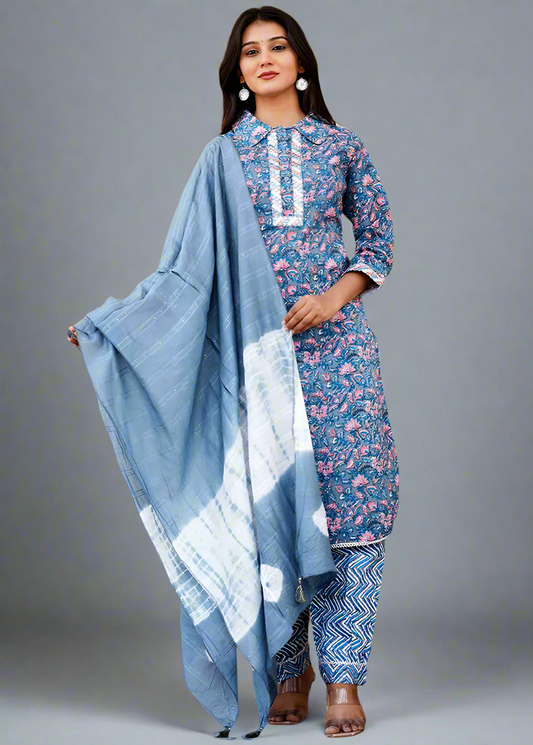 BLUE AFGHANI SHIRT COLLAR COTTON KURTA SET