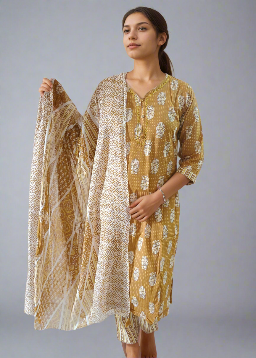 Woman wearing a mustard yellow kurta with a matching dupatta on a plain background