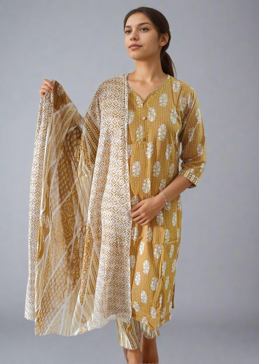 Woman wearing a mustard yellow kurta with a matching dupatta on a plain background