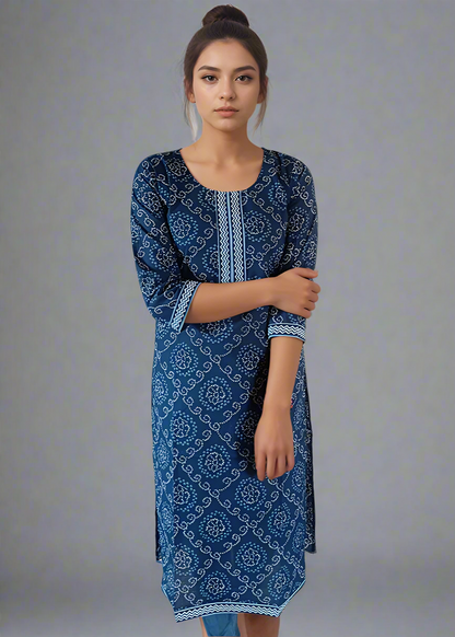 BLUE BANDHANI COTTON KURTI