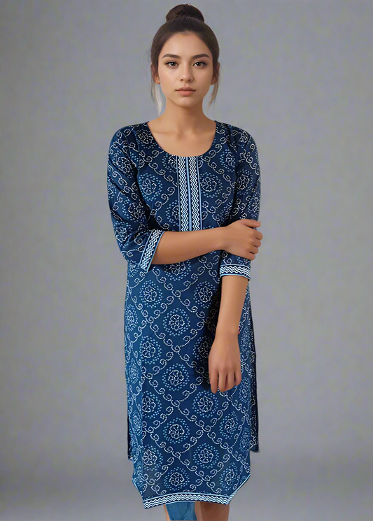 BLUE BANDHANI COTTON KURTI