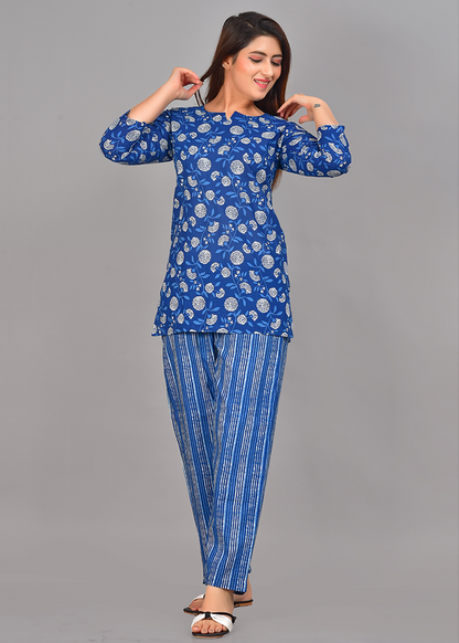 FLORAL HAND BLOCK PRINT WITH STRIPES COTTON CO-ORD SET