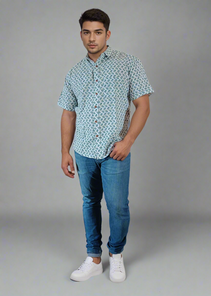 BREEZY BLUE FLORAL MEN’S COTTON SHIRT