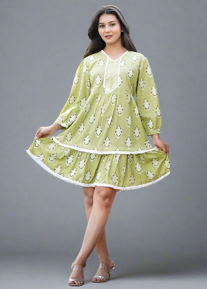 CHIKANKARI PASLEY PRINT DATE DRESS
