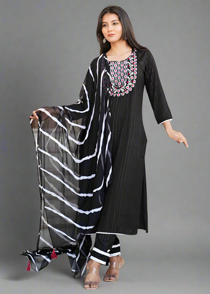 BLACK EMBROIDERED KURTA SET WITH LEHRIYA DUPATTA