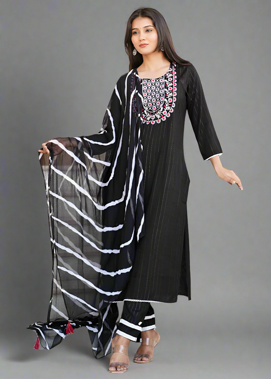BLACK EMBROIDERED KURTA SET WITH LEHRIYA DUPATTA
