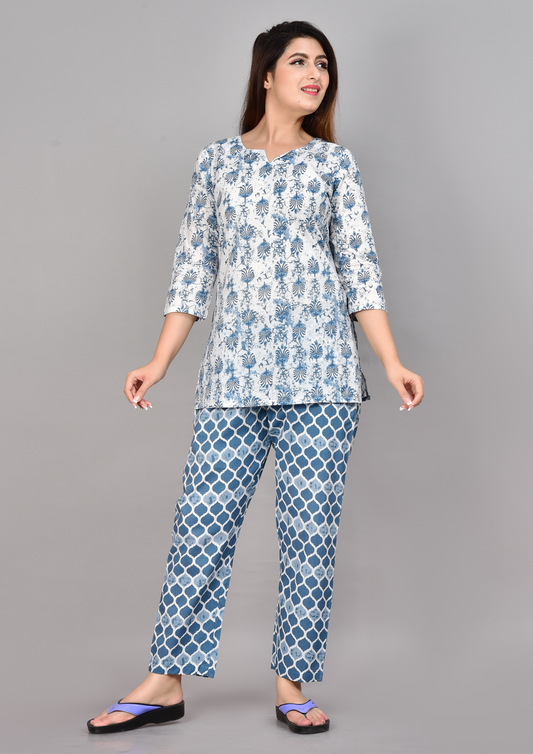 WHITE & BLUE BATIK PRINT COTTON CO-ORD SET