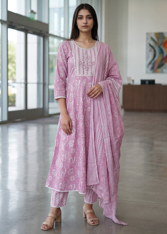 A woman modeling a light pink ethnic three-piece suit with white embroidery, featuring a long kurta, matching trousers, and a draped dupatta, set in a modern, brightly lit office lobby.