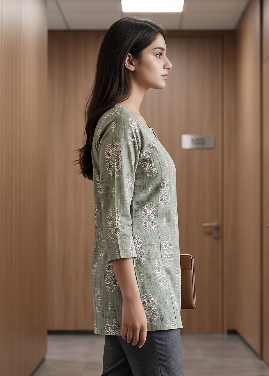 A woman walks down a modern office hallway wearing a light sage green patterned tunic top, dark gray trousers, and brown loafers.